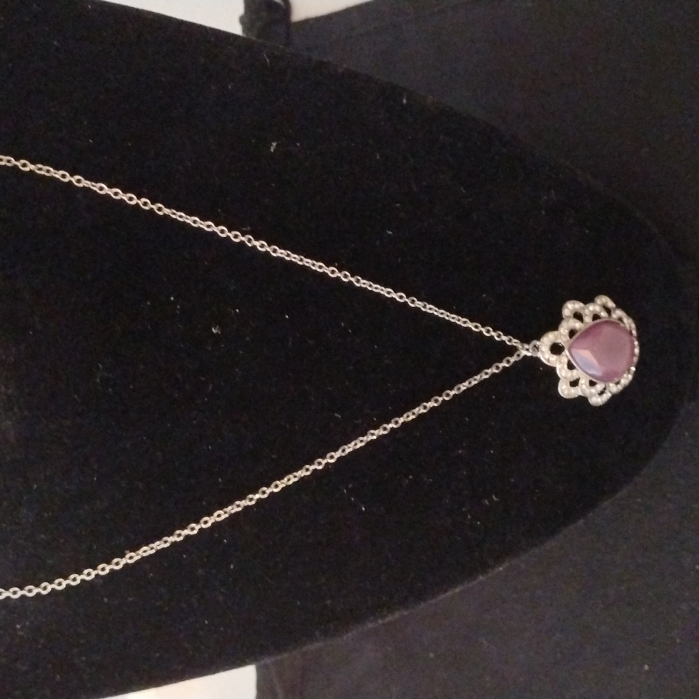 Liz Claiborne Silver Tone W/ Purple Gem & Clear Rhinestone Necklace